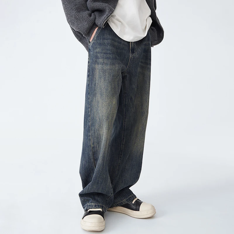 美式复古蓝牛仔裤男2024秋季新款高街潮牌做旧直筒阔腿拖地长裤子