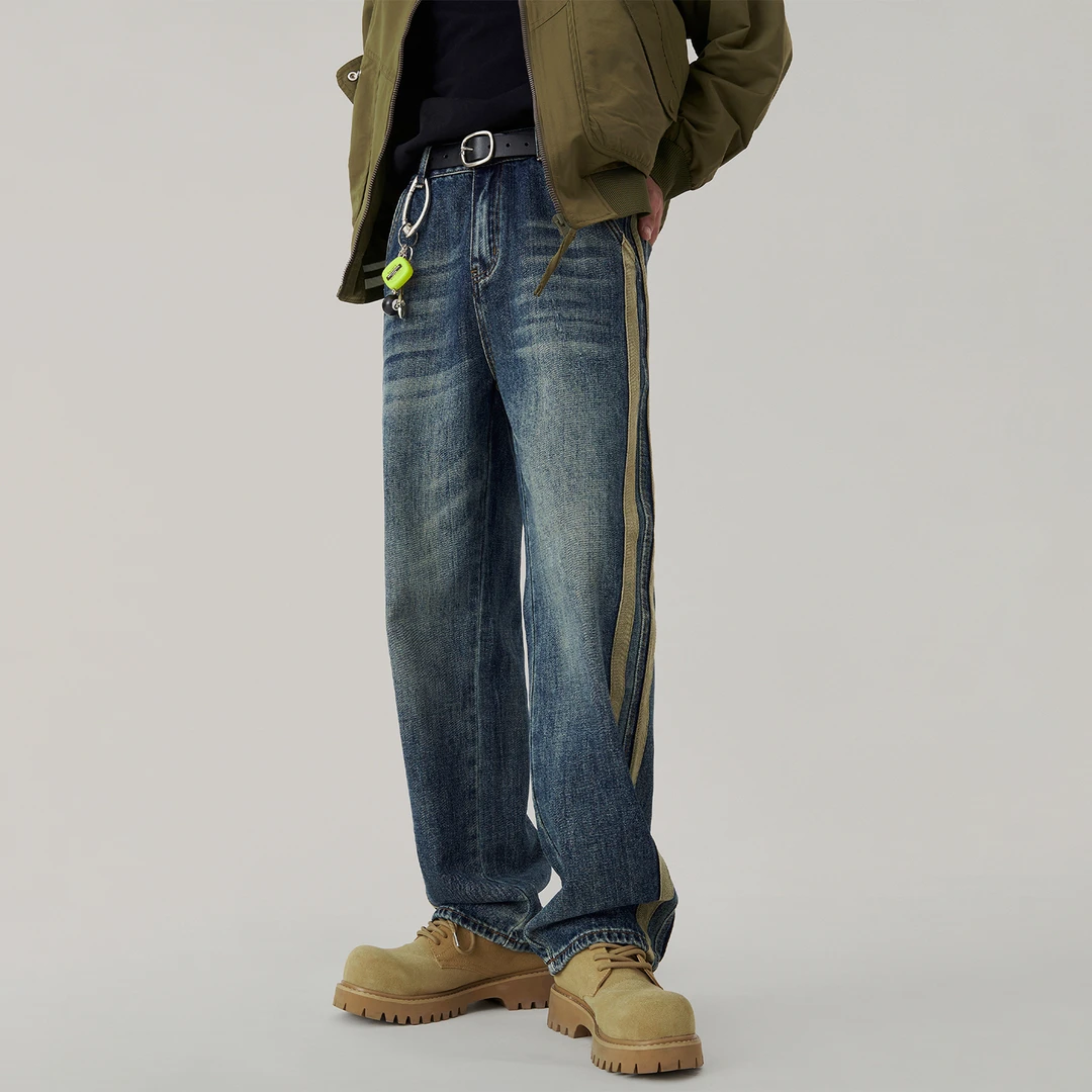 秋季美式复古设计感条纹水洗牛仔裤男生高街宽松cleanfit直筒裤子