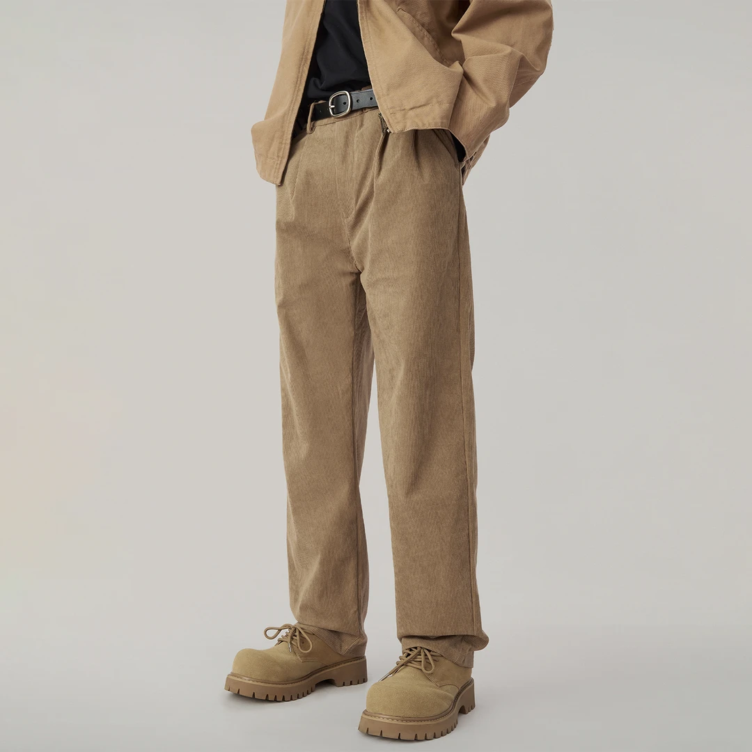 秋冬新款卡其色休闲裤男宽生松直筒阔腿裤灯芯绒男裤子冬季加厚潮