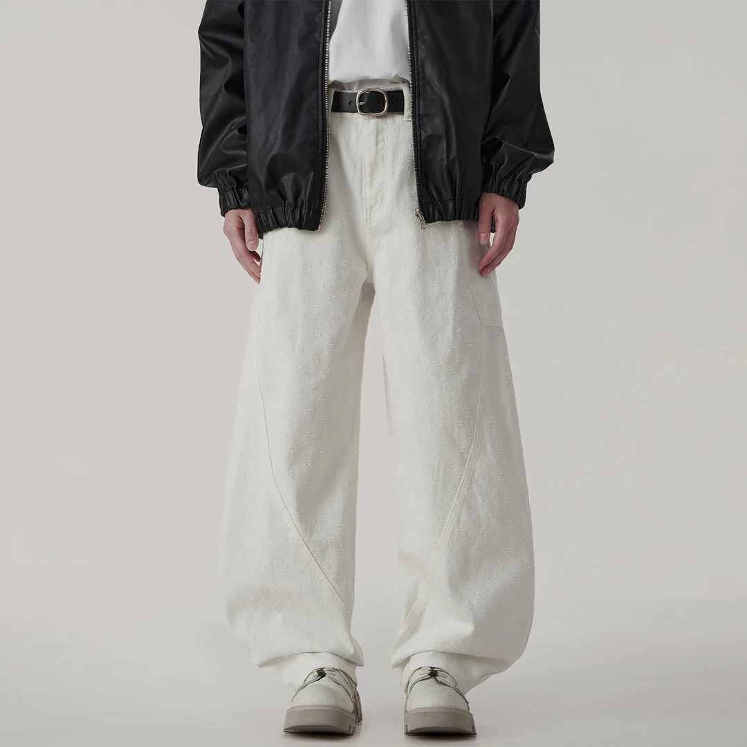 春秋季美式弧形拼接牛仔裤男高街香蕉裤子痞帅炸街宽松阔腿弯刀裤