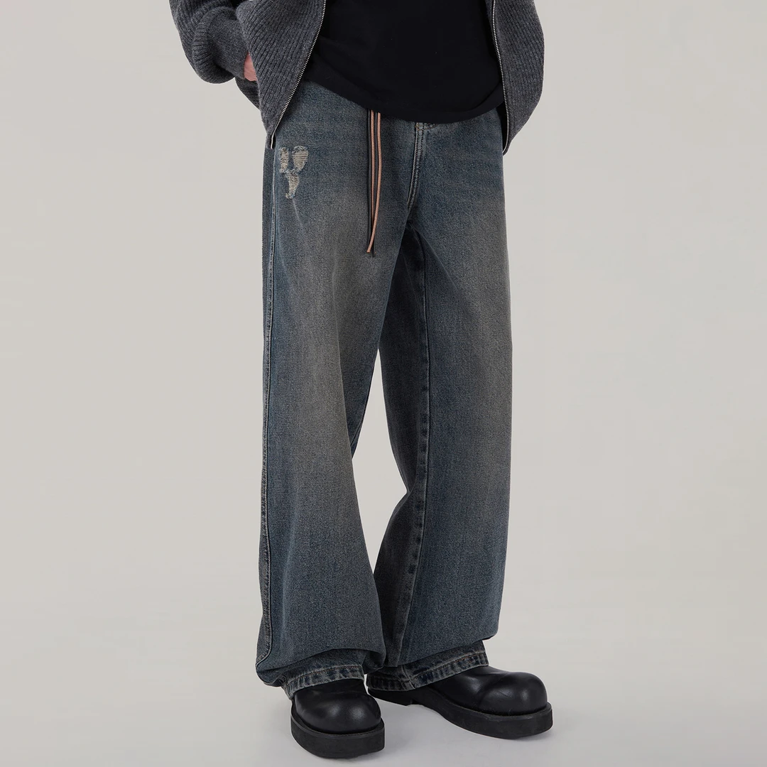 秋冬季美式直筒破洞牛仔裤男潮牌宽松直筒阔腿高个子加长裤子男生