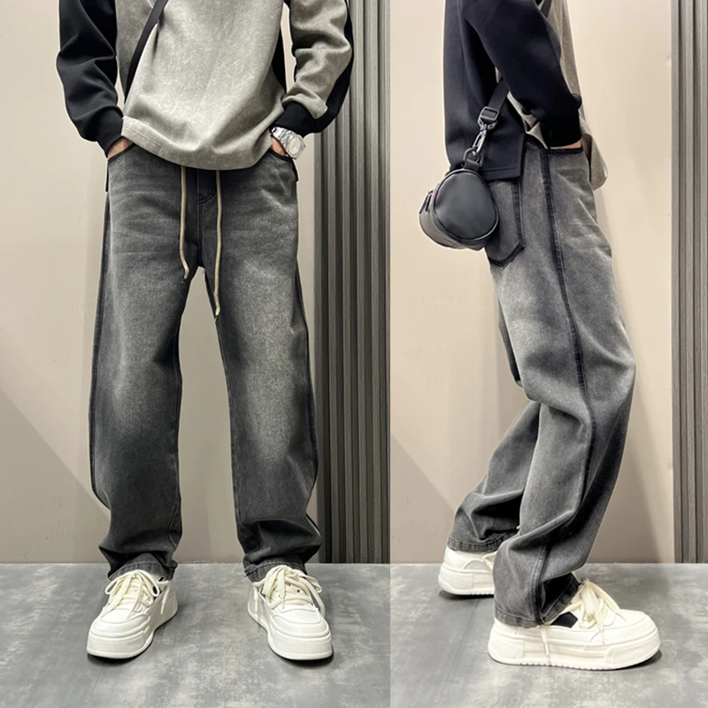 高街痞帅秋季新款牛仔裤男士磨白水洗直筒裤百搭阔腿高街牛仔长裤