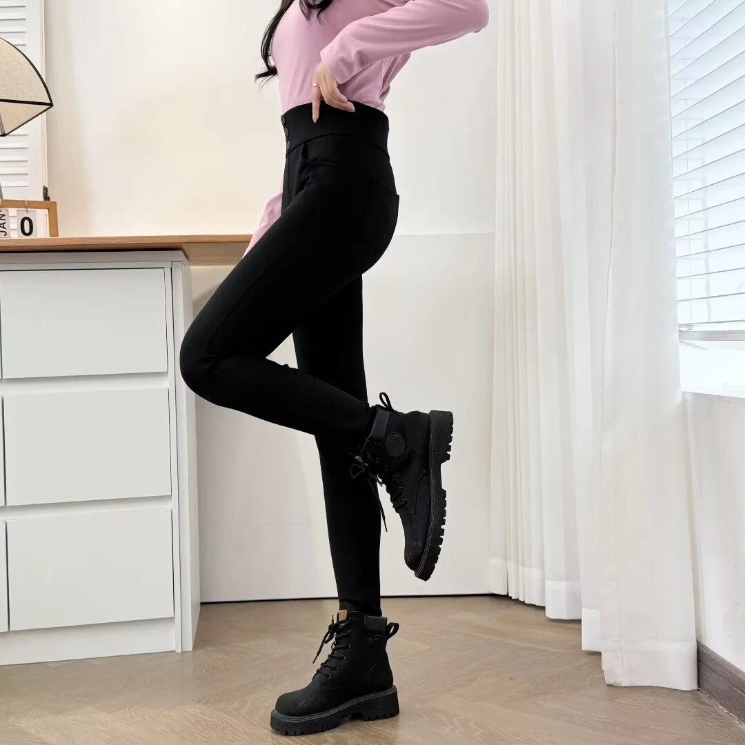 卡洛町大码女装初冬新款百搭休闲显瘦纯色扣子款修身芭比裤9316