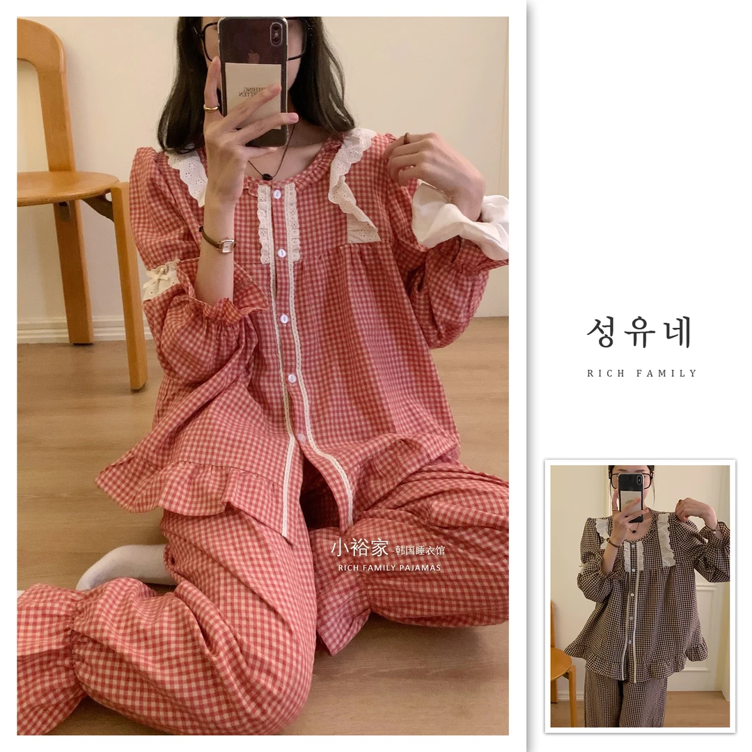 经典格纹/红色蓝色/韩国ins爆款/秋季女睡衣/时尚洋气家居服82762