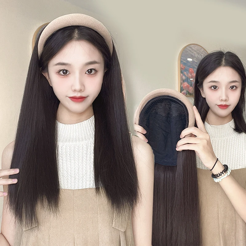 假发女长发黑长直卷发仿真发发箍自然蓬松发饰棕色半头套手工