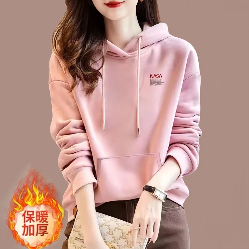 加绒加厚连帽女士卫衣秋冬多巴胺穿搭2025韩版潮流短款上衣棉外套