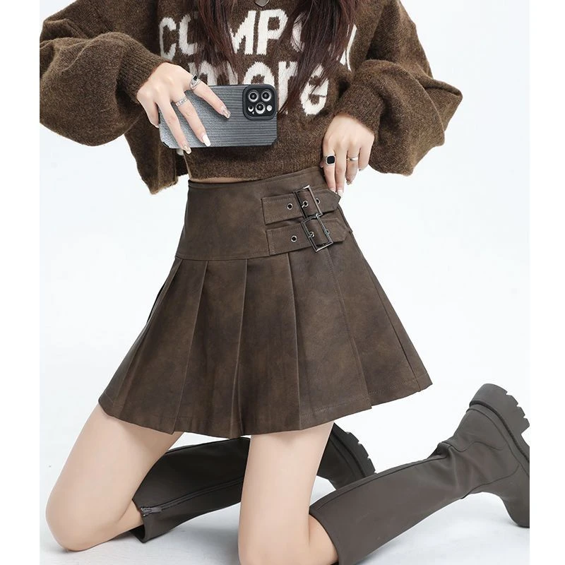 2025秋冬新款咖色皮裙半身裙女棕色高腰显瘦pu皮a字包臀百褶短裙