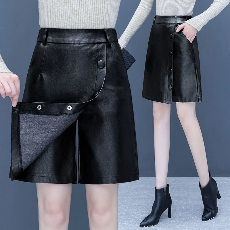 pu皮短裤女冬裤裙秋冬2025新款高腰外穿靴裤阔腿五分裙裤假两件套