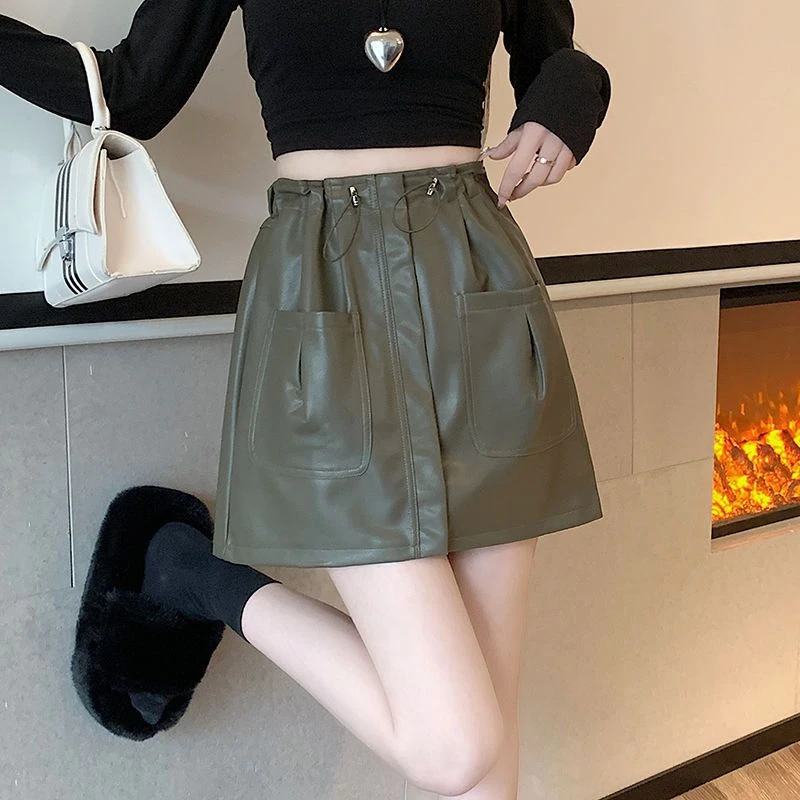 2025年秋季新款休闲显瘦工装半身裙女复古抽绳a字短裙高腰PU皮裙