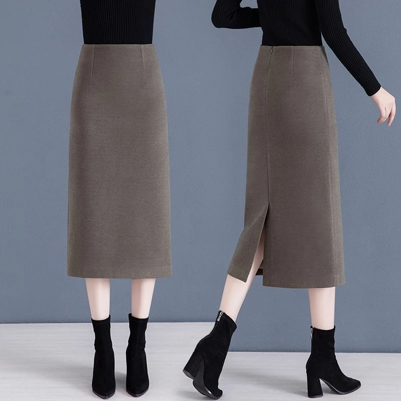2025年新款毛呢半身裙女冬季气质一步裙高腰显瘦长裙开叉包臀裙子