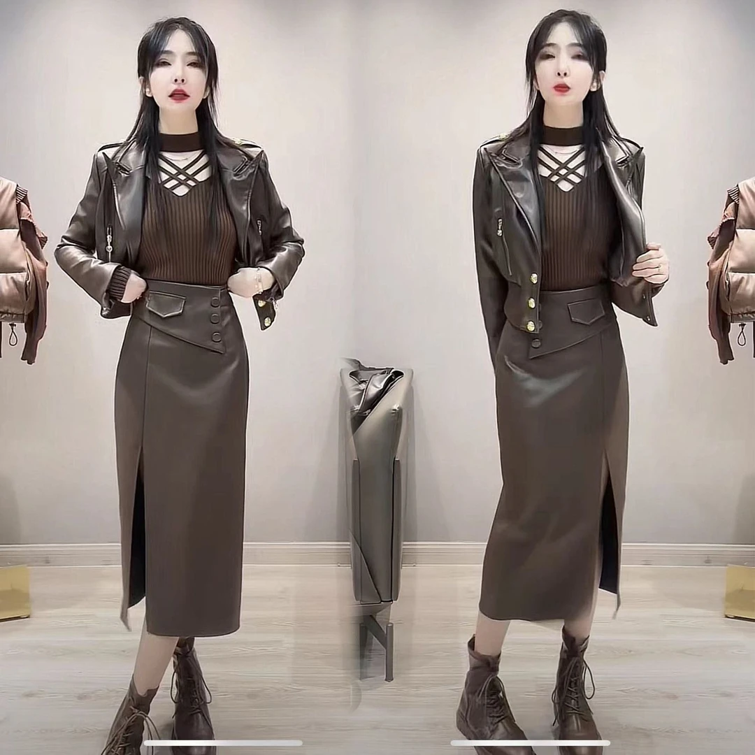 2025年秋季新款韩版开衩高腰半身裙女修身显瘦时尚百搭中长款皮裙