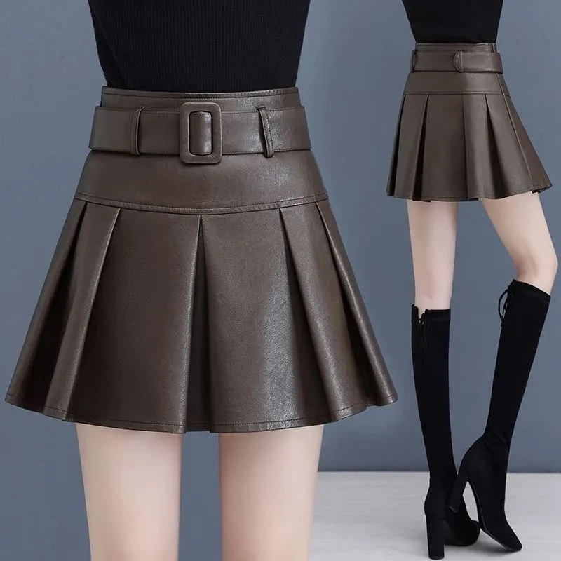 2025秋冬新款半身裙女高腰弹力pu皮短裙子时尚百搭显瘦百褶小皮裙