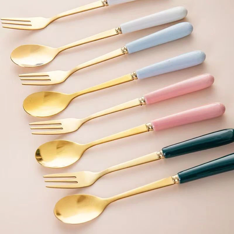 【高档轻奢】水果叉韩陶瓷收纳罐创意可爱甜品勺家用精美不锈钢叉勺