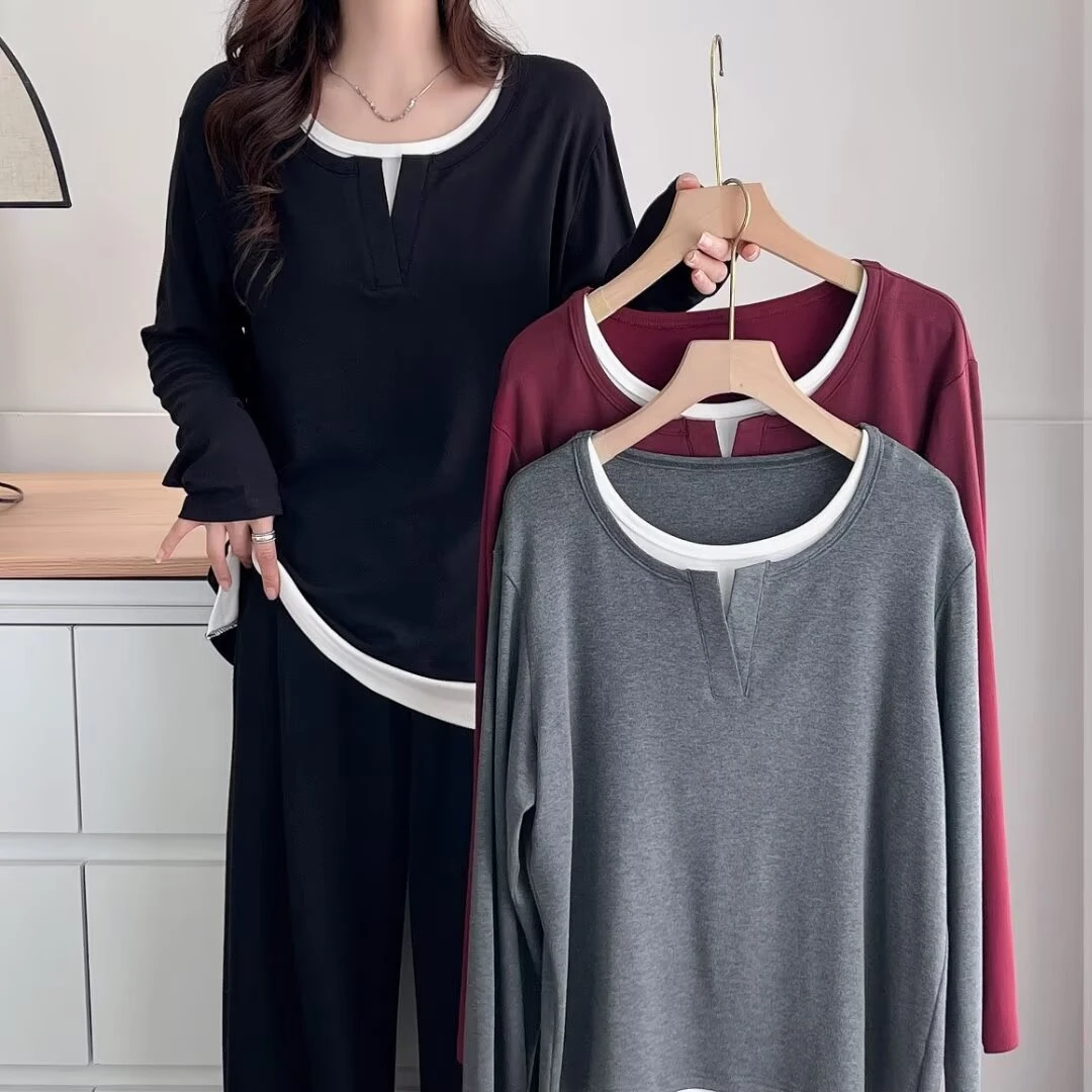 莘莘大码    早秋新款时尚显瘦假两件撞色圆领纯色长袖打底衫