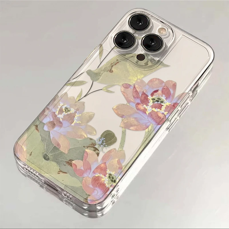 复古荷花苹果13手机壳iphone15/14pro全包12/11透明xr/xs防摔7/8p