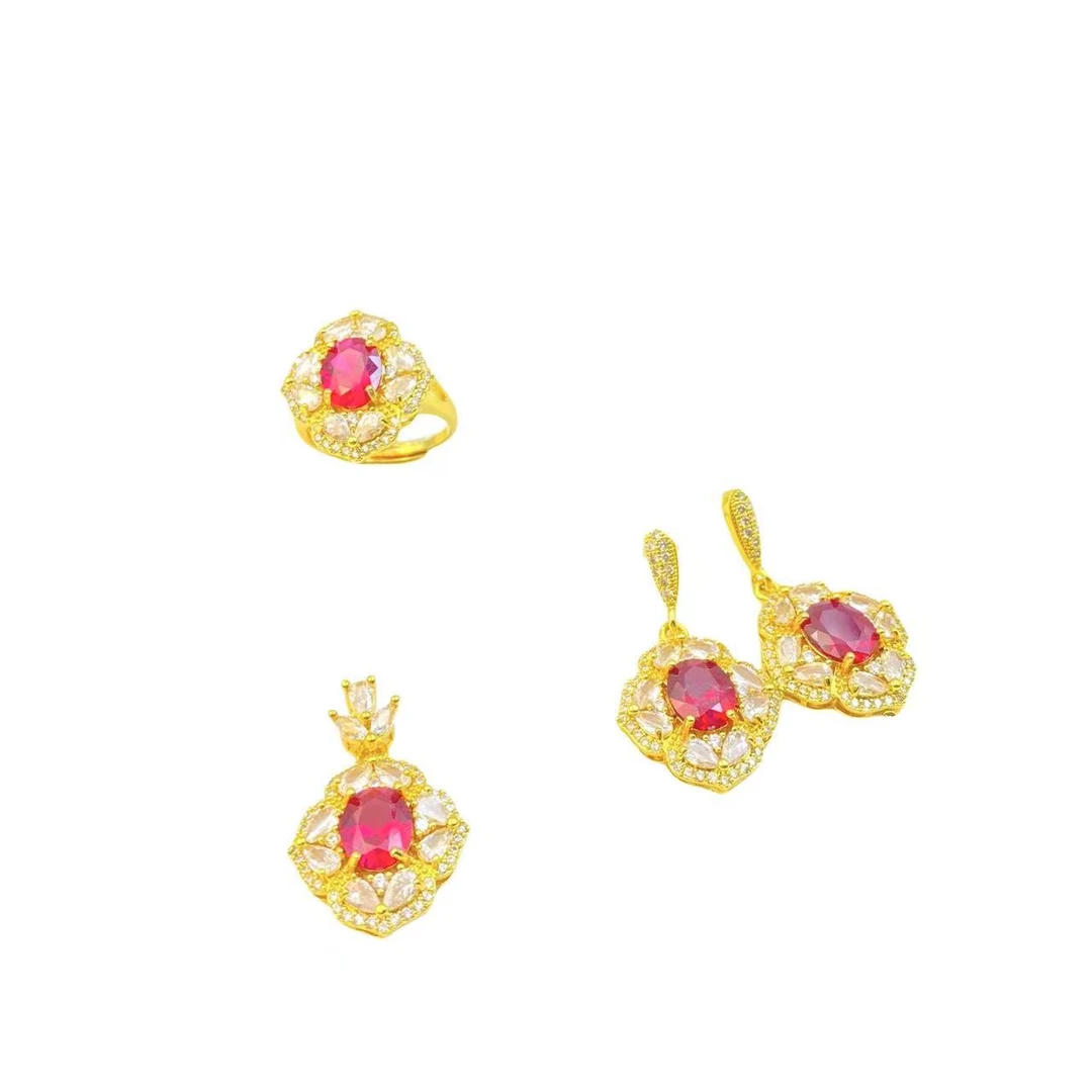 轻奢气质菱形蛋面套装红宝石培育合成C1285X合金