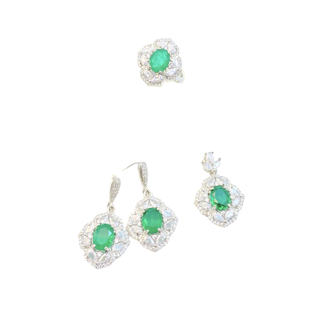 轻奢花花蛋面套装祖母绿培育C1207X合金