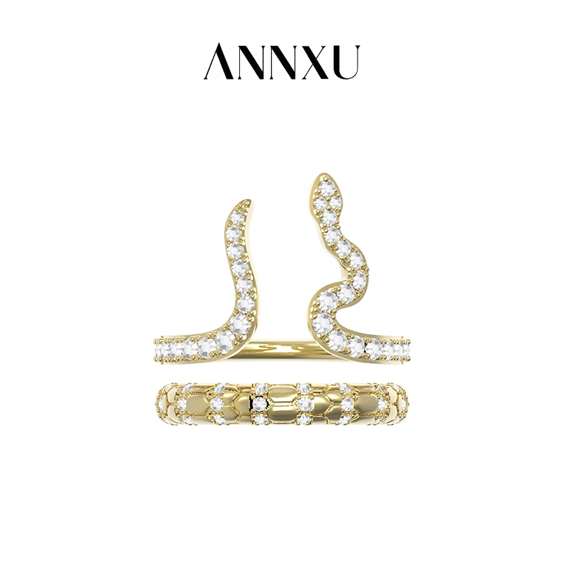 ANNXU 铜合金合成锆石戒指 菱格纹系列蛇形叠戴戒指气质时尚