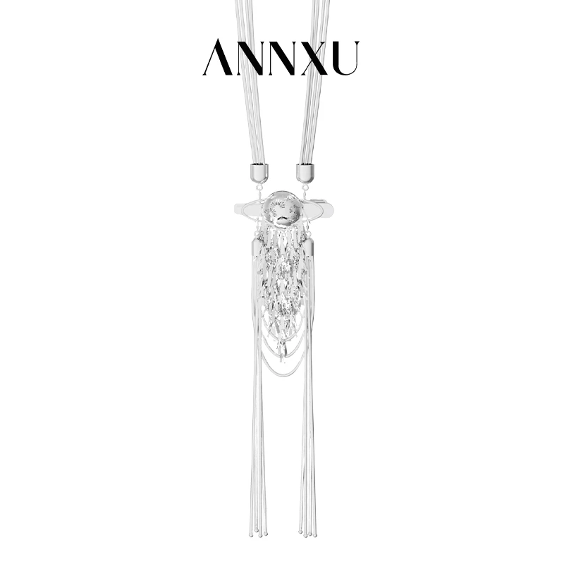ANNXU 铜合金项链 松影月映系列松三带流苏镂空项链时尚设计感