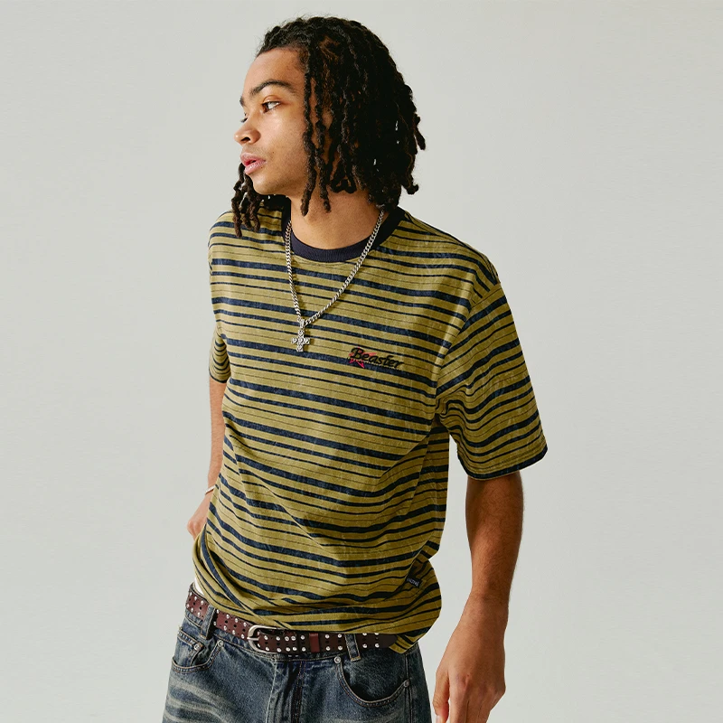 BEASTER条纹刺绣logo宽松T恤夏美式休闲潮牌圆领短袖上衣