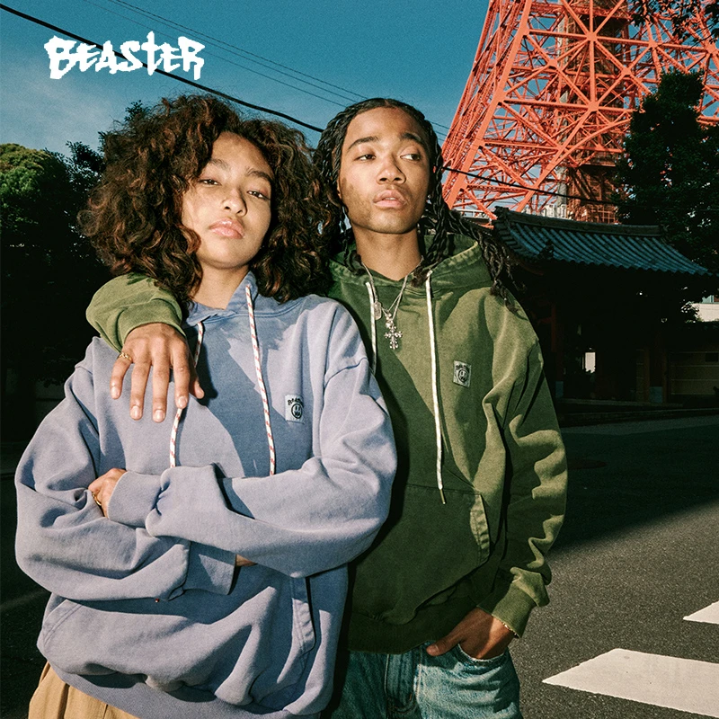 BEASTER水洗连帽卫衣男鬼脸贴标撞色帽绳美式重磅帽衫女