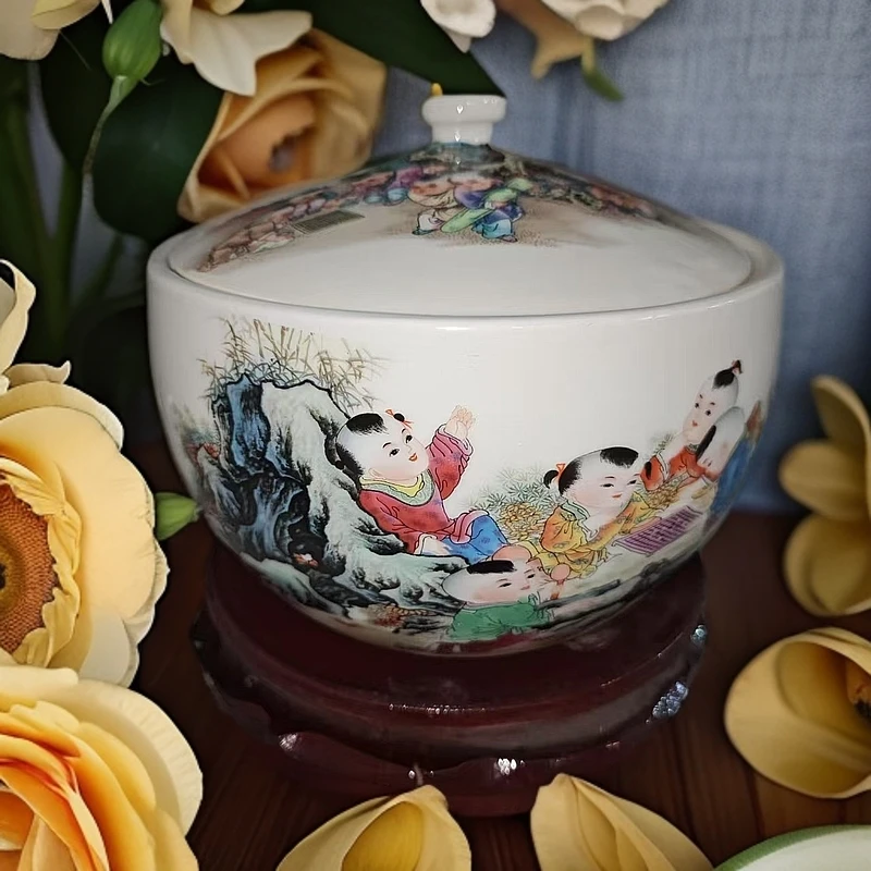 （口径18cm 高15cm）婴戏图陶瓷猪油罐一个带底座