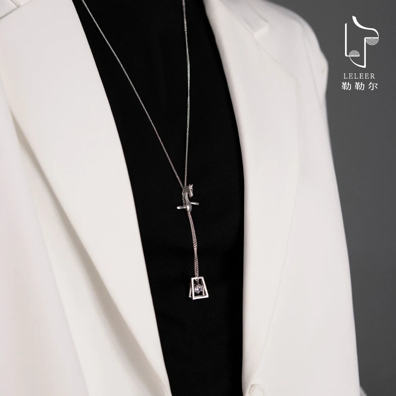 链子925银合成锆石 勒勒尔马头琴项链简约民族长项链百搭时尚小众
