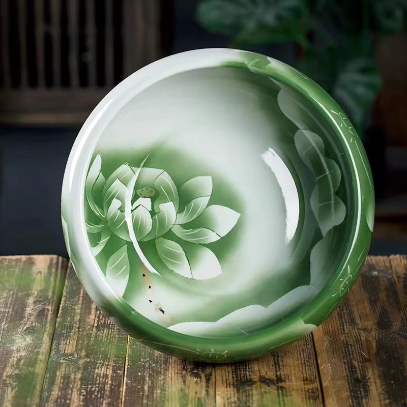 【32*13cm双面绿】景德镇新款双面绿色荷花陶瓷浅盆 送定制底座