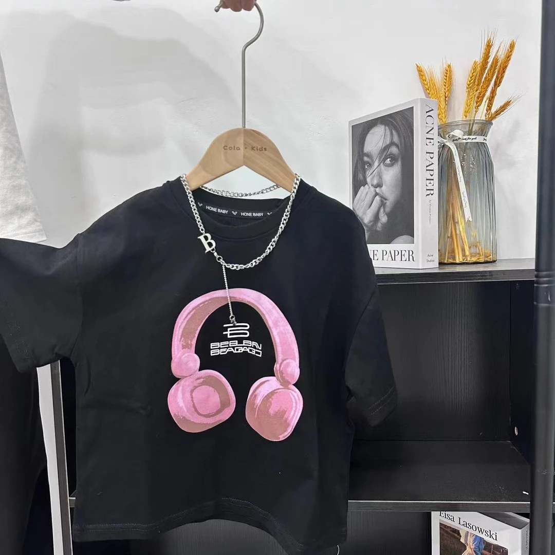 CL2024儿童夏季新款黑色胶印潮流耳机时尚短袖