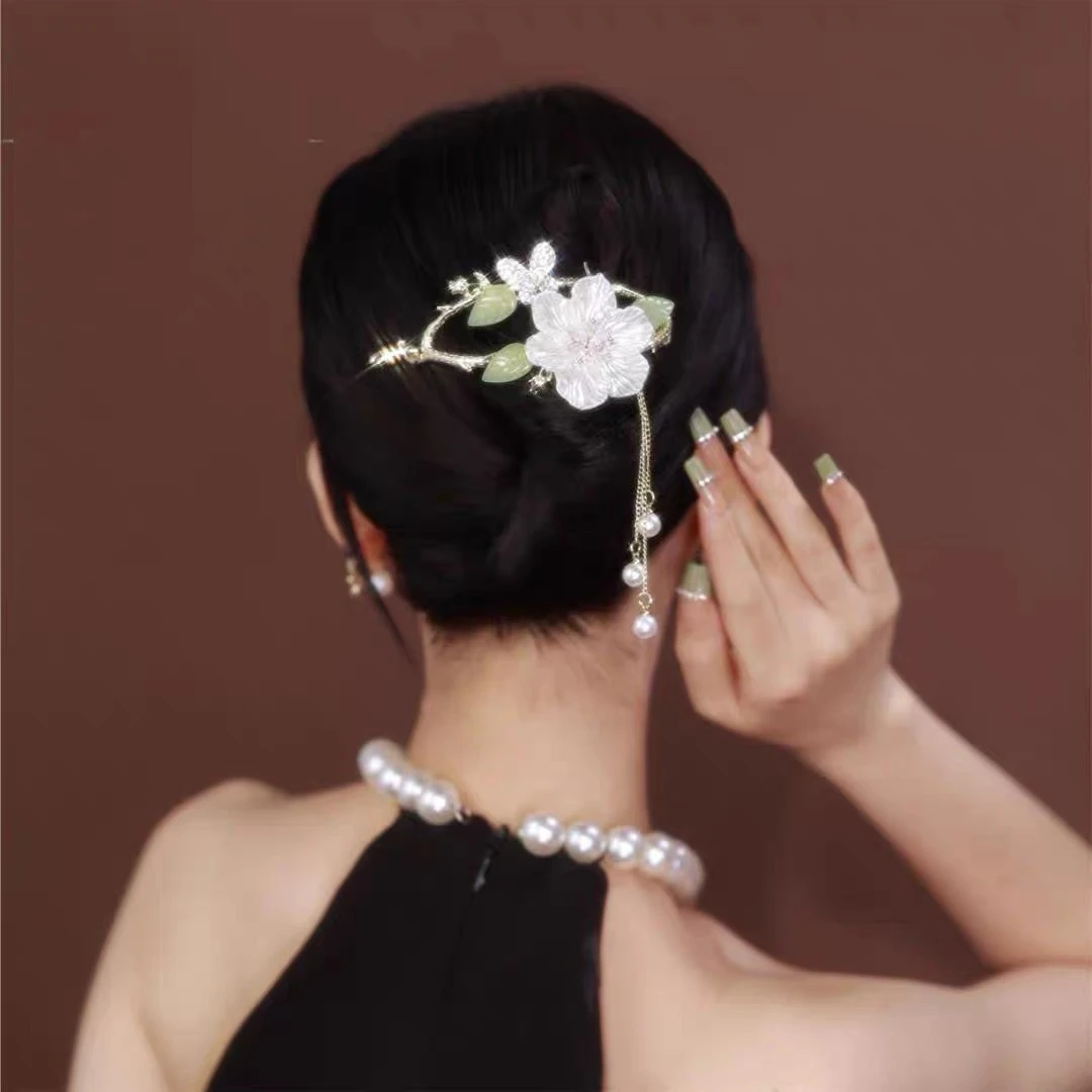 轻奢花朵精致珠珠流苏扭扭夹高级气质挽发头饰简约中式新款