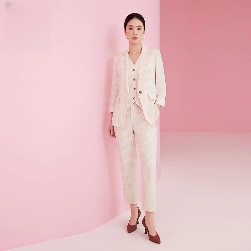 赢智尚2024春米白条纹气质醋酸西装烟修身管裤通勤套装ZA-ZA01849