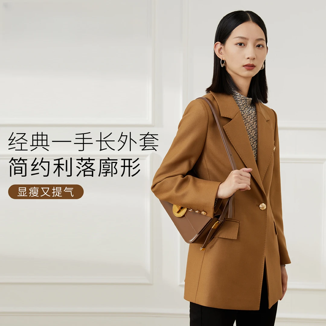 【秋冬爆品】赢智尚卡其色绵羊毛斜纹肌理气质短款大衣女ZK00021