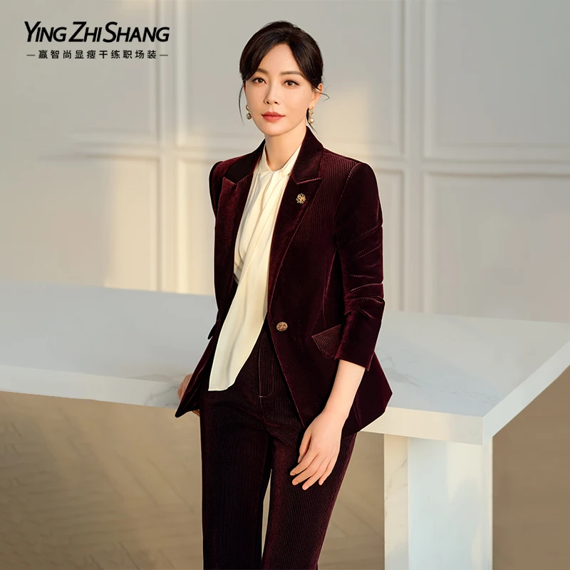 赢智尚秋冬红丝绒高档西装外套女显瘦职业通勤气质高级感ZA02109