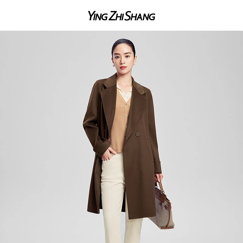 赢智尚咖色高档绵羊毛H型宽松中长毛呢大衣女2024秋冬新款ZL00326