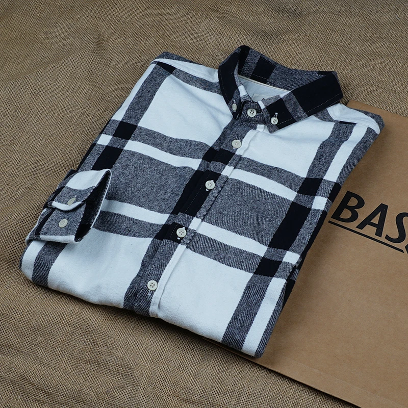 巴司司衬衫法兰绒黑白超大格纯棉男装长袖休闲衬衫磨毛衬衣370