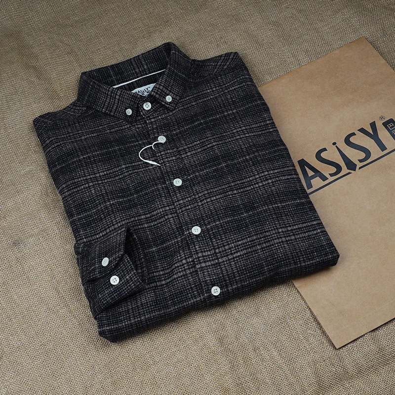 巴司司衬衫法兰绒咖灰密格纯棉男装长袖休闲衬衫磨毛翻领衬衣353