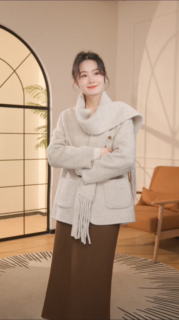 【围巾短款】100%绵羊毛气质百搭双面呢大衣