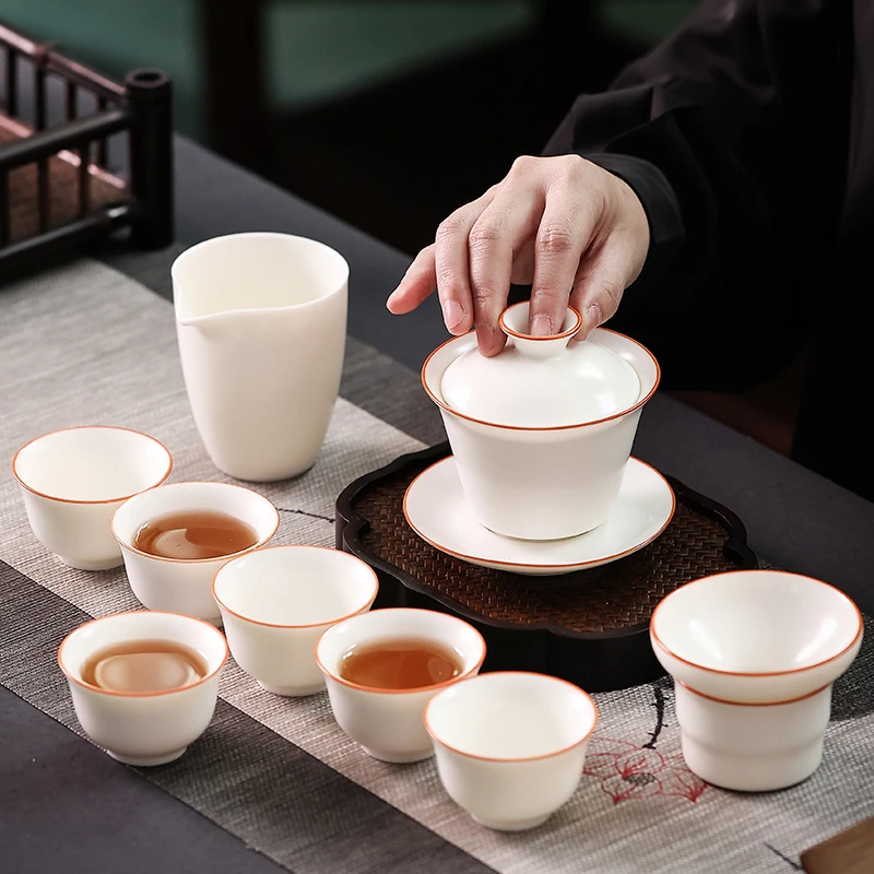 汝窑开片盖碗功夫茶具套装2023新款家用一套高端奢华米黄整套礼盒