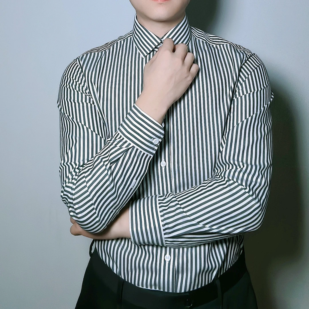 黑条纹纯棉男士休闲免烫衬衫