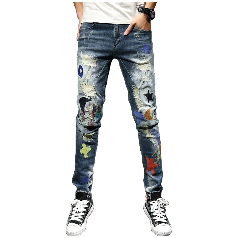 2023春秋季新款个性破洞刺绣弹力牛仔裤男修身小脚长裤四季潮流