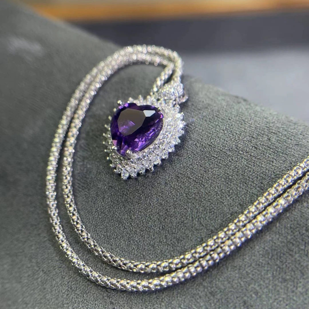 【尚缘珠宝】天然轻奢风海洋之心款紫水晶心形吊坠s925银满钻式镶嵌
