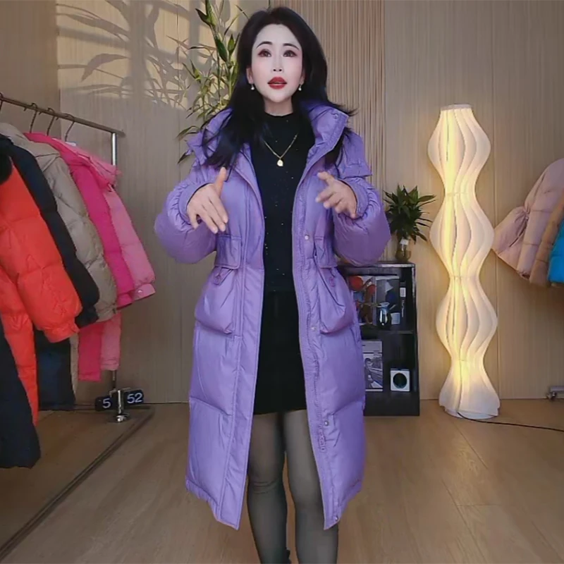 2024冬季新款韩版加厚时尚连帽保暖羽绒服女中长款收腰半粒扣外套