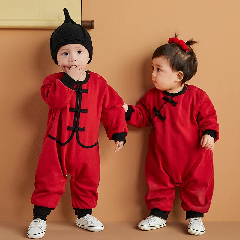 嘟嘟家男女加绒中国风拜年服宝宝长袖连体衣春秋BZB100DCL340