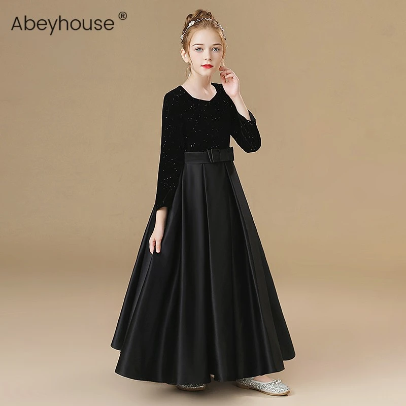 儿童礼服女童晚礼服长袖高端演出服小女孩黑色长款走秀主持人裙子