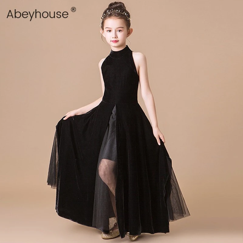 女童黑色公主裙儿童丝绒晚礼服中大童走秀长裙女孩气质钢琴演出服