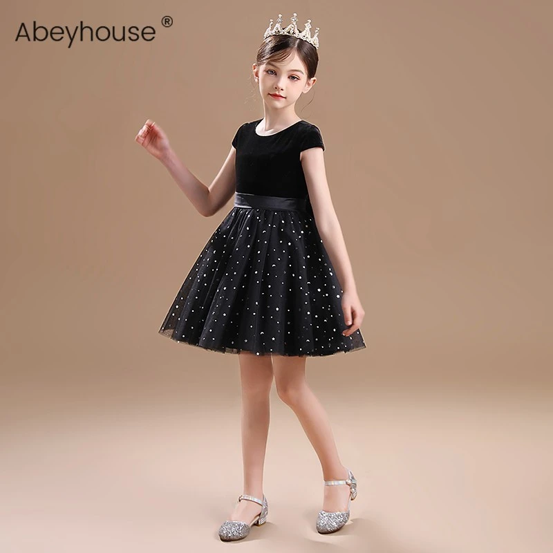 儿童黑色礼服女童钢琴演出服中大童小提琴演奏服短款超仙蓬蓬礼服