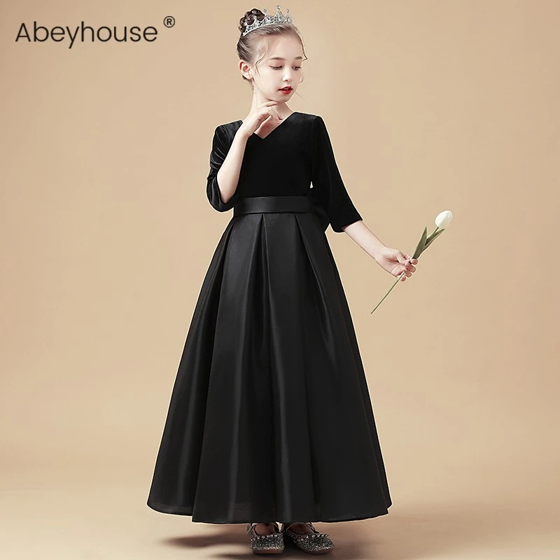 女童黑色显瘦晚礼服儿童长款钢琴演出服中大童轻奢公主裙气质长裙