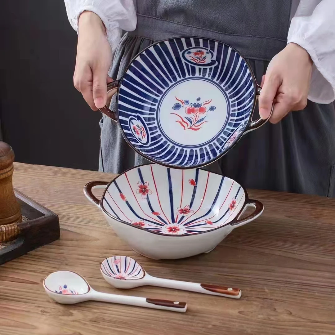 【2只装】青花釉里红9.5寸双耳碗  螺狮粉汤面碗家用大汤碗陶瓷