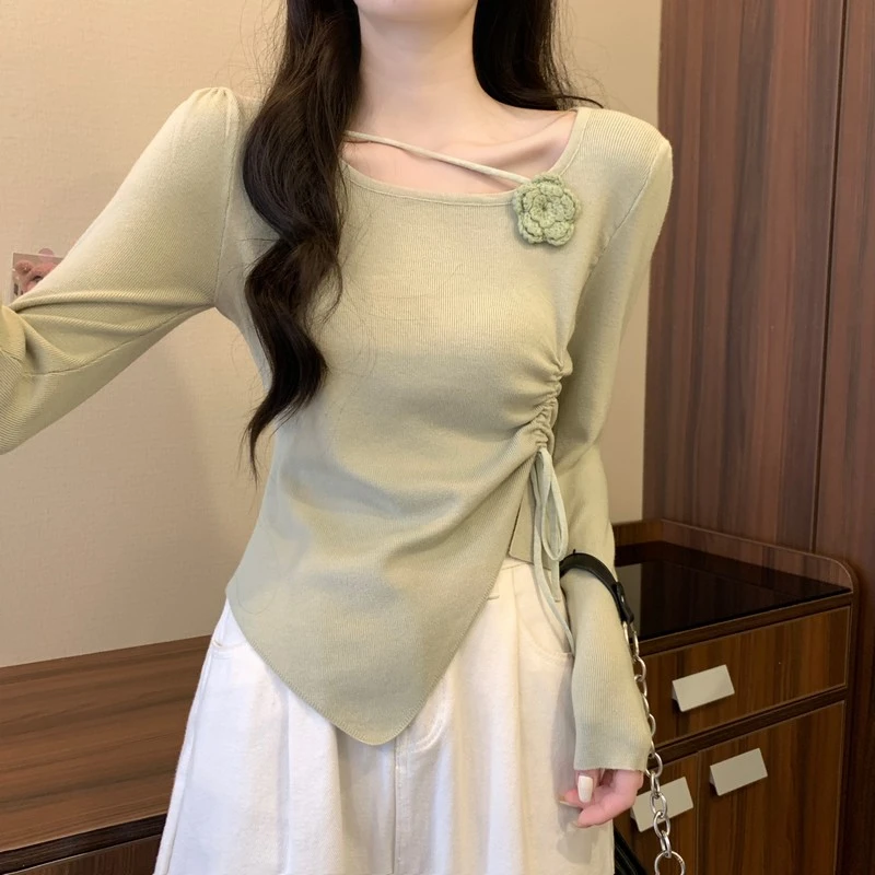法式别致抽绳不规则立体玫瑰花长袖针织衫女秋季设计感上衣打底衫