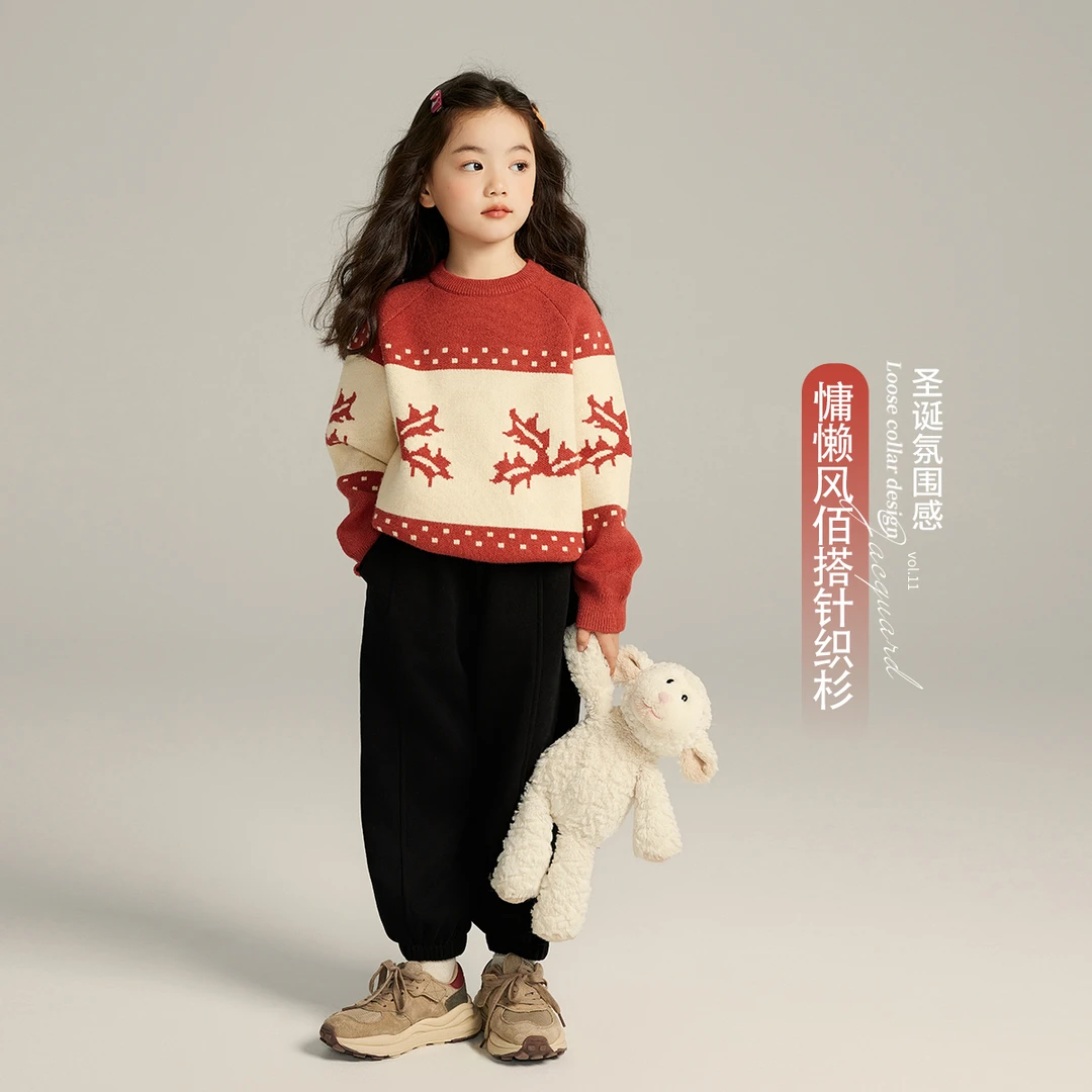 女童针织衫秋冬新款洋气时髦保暖加慵懒风厚圆领儿童撞色毛衣套头